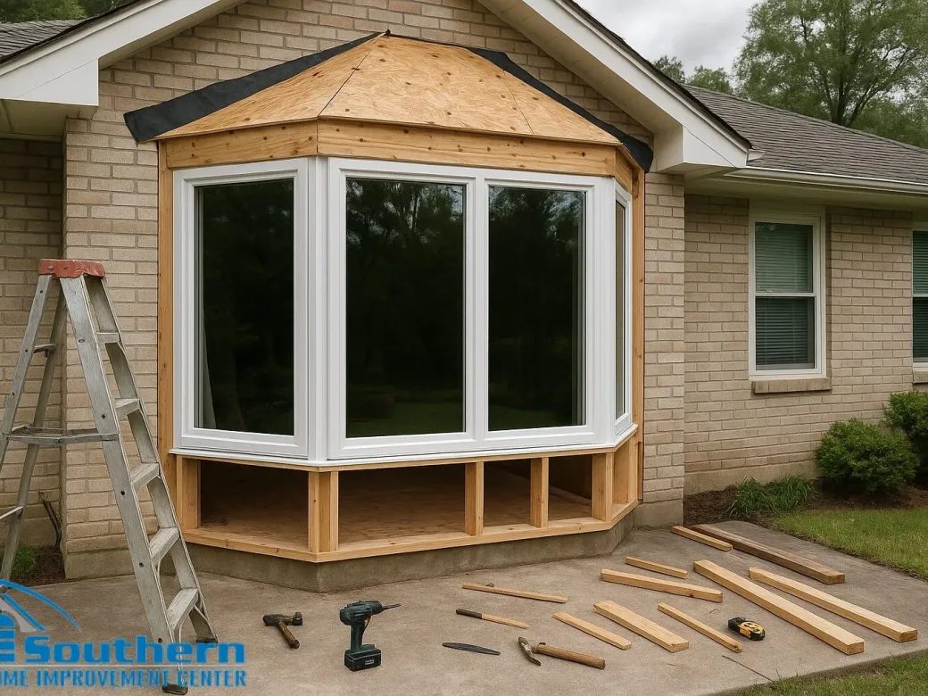 Bay window structure being framed and fitted with impact glass