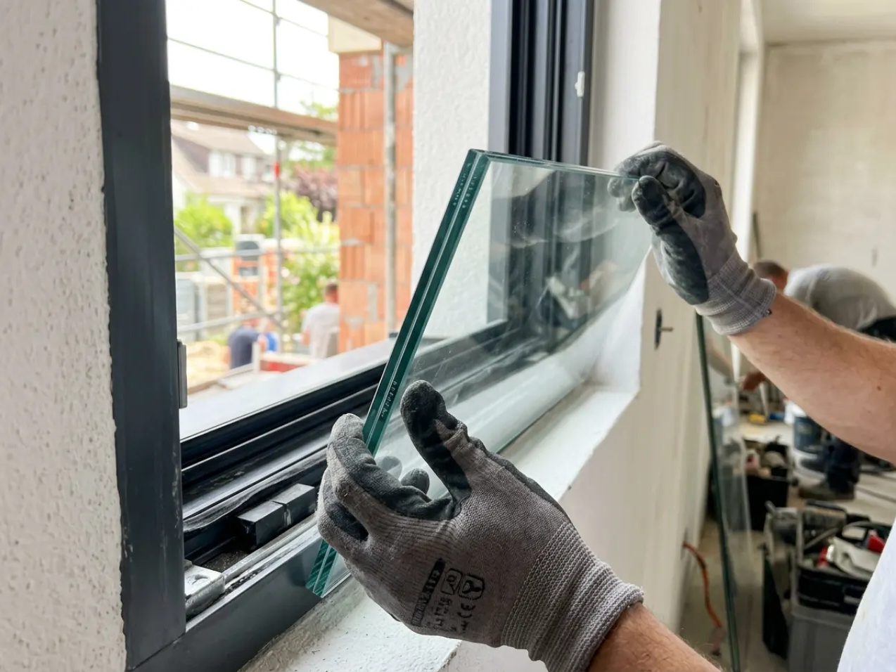 Installer fitting a replacement impact glass pane into a window frame